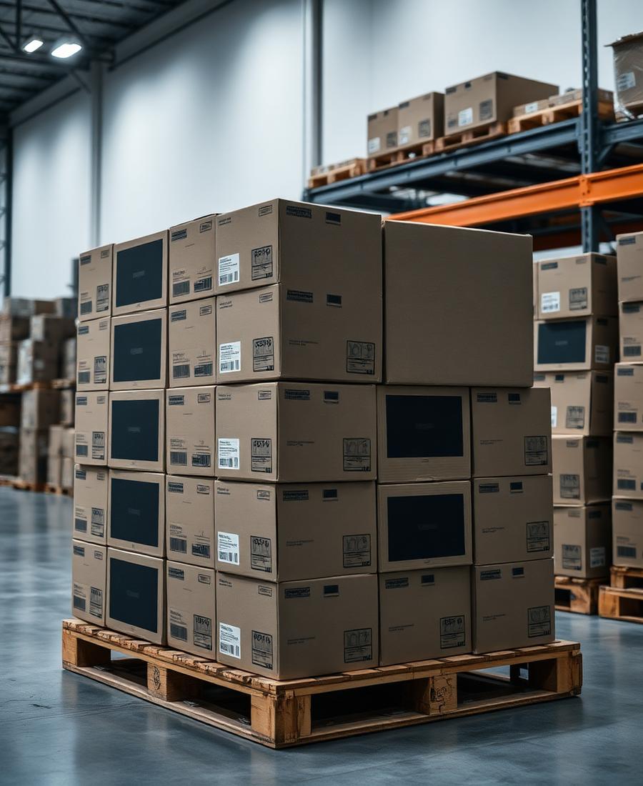 Boxed consumer electronics stacked on a pallet in a warehouse
