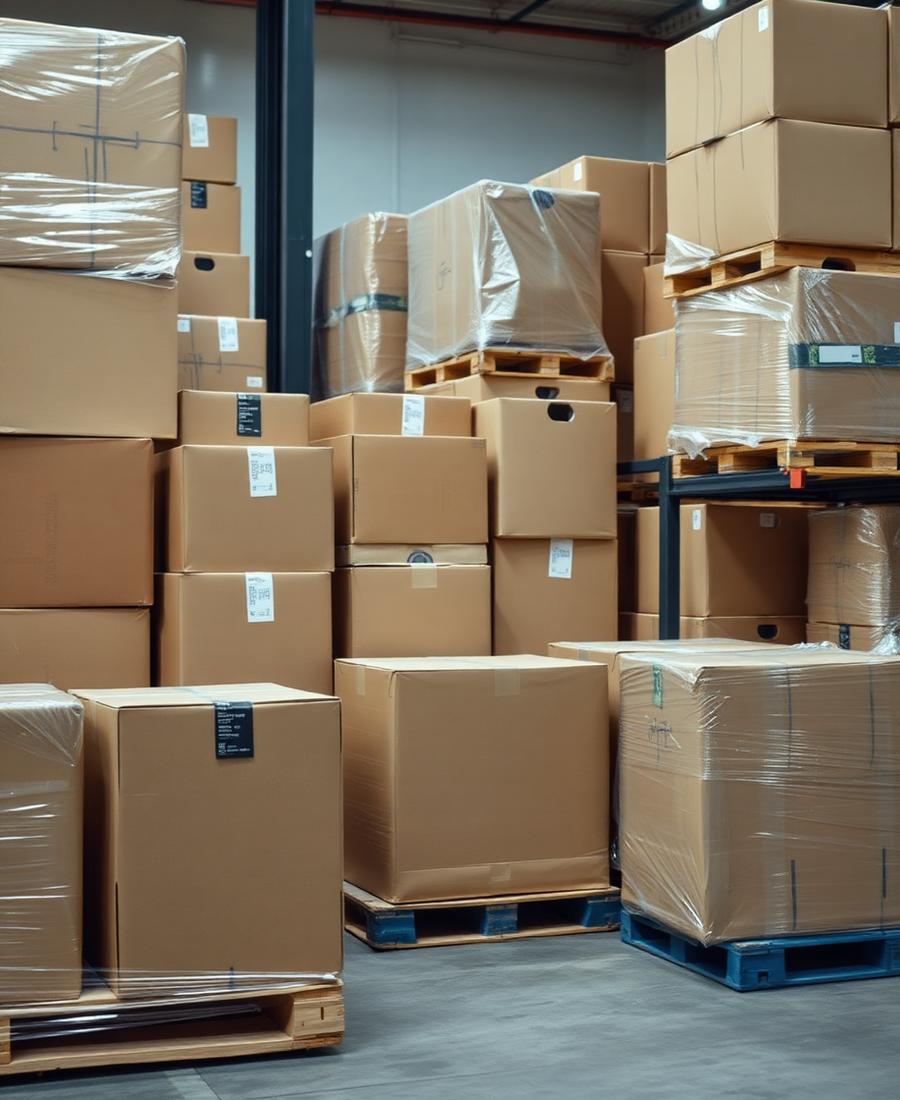 Mixed surplus goods on pallets in an Ontario distribution centre