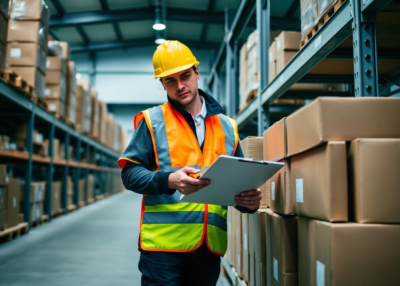 Warehouse inspector auditing boxed inventory against a checklist before pickup